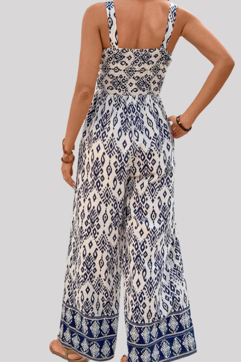 Blue white patterned jumpsuit