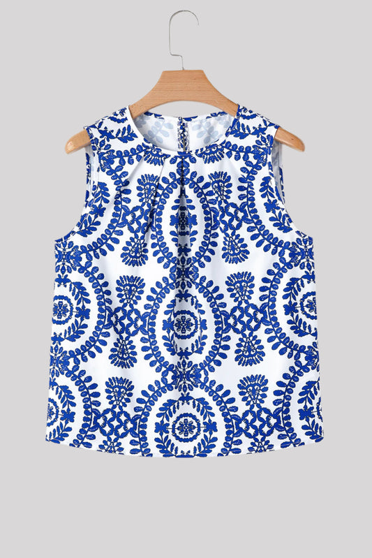 Sleeveless blue and white blouse