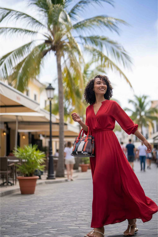 Handbag with multicolor square pattern